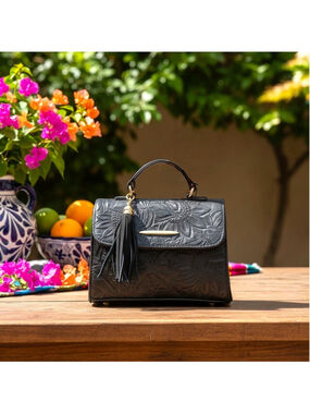 Black Sunflower Embossed Tooled Artisan Leather Crossbody Handbag Purse